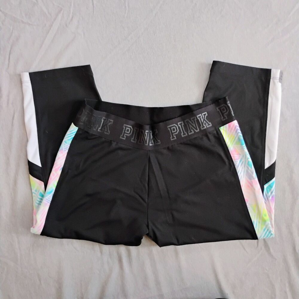 VS PINK Leggings Womens M Black Capri Colorblok Elastic Waist Stretch Activewear